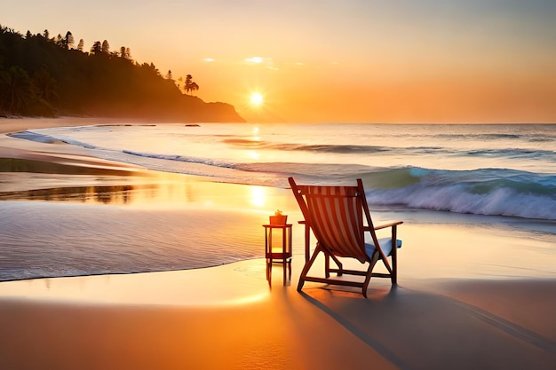 Een strand met een stoel en een lantaarn erop