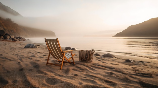 Een strand met een stoel en een tafel erop