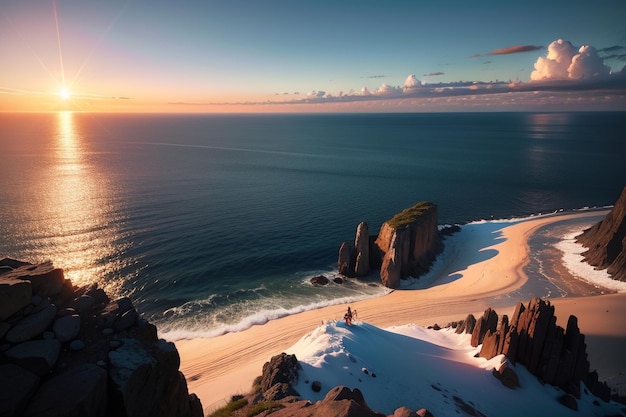 Een strand met een strand en de ondergaande zon