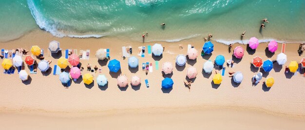 een strand met een strand scène met mensen op het strand en paraplu's