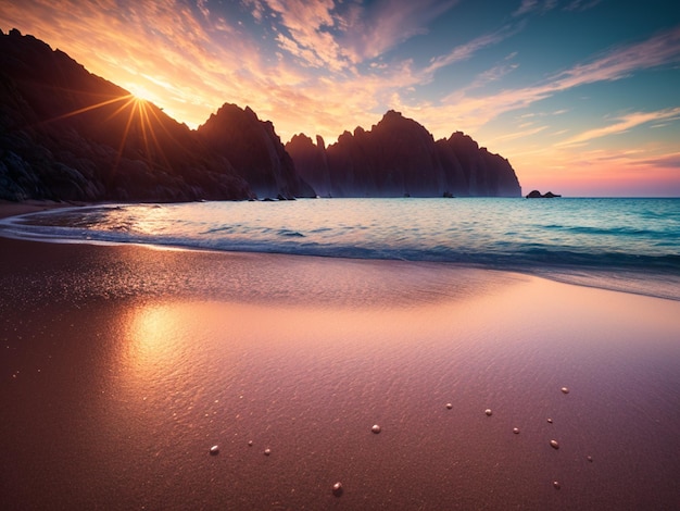 Een strand met een zonsondergang en daarachter de ondergaande zon