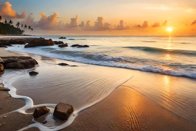 Een strand met een zonsondergang en een bord met 'strand'