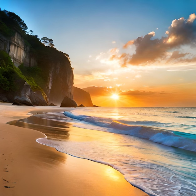 Foto een strand met een zonsondergang en een strand met een strandlandschap.
