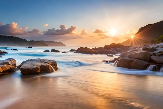 Een strand met een zonsondergang en golven