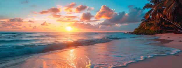 Een strand met een zonsondergang en palmbomen op de achtergrond en een golf die met de zon naar de kust komt.