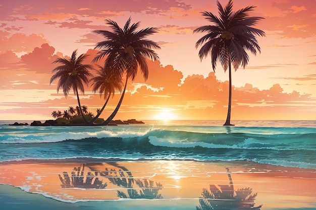 Een strand met een zonsondergang en palmbomen