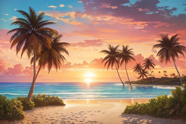 Een strand met een zonsondergang en palmbomen