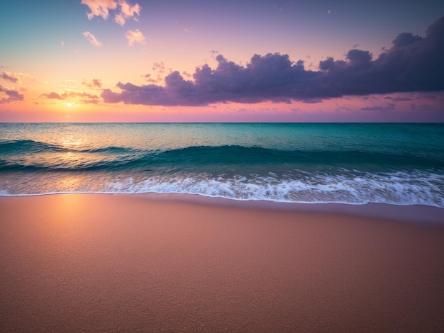 Een strand met een zonsondergang op de achtergrond