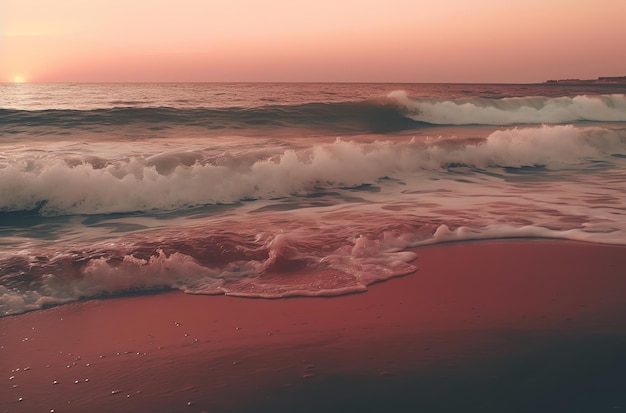 Een strand met golven en roze lucht bij zonsondergang