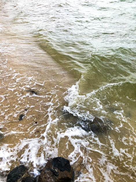 Een strand met groen water en een golf