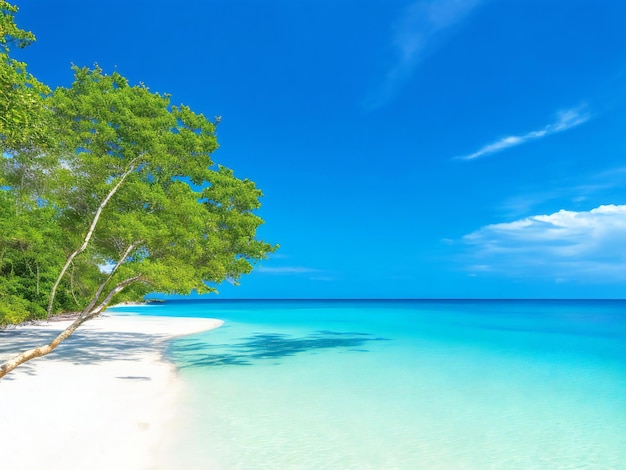 Een strand met helder blauw water en bomen op de achtergrond ai gegenereerd