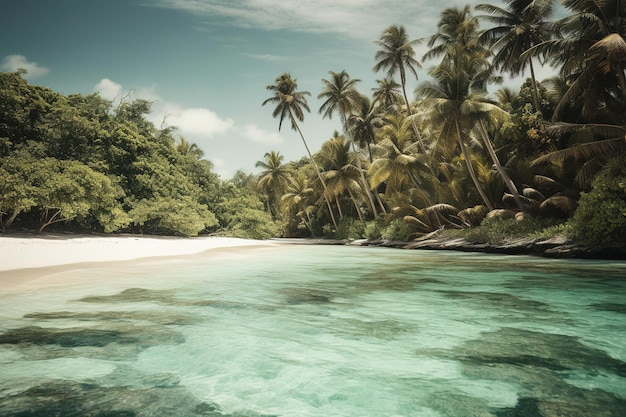 Een strand met helderblauw water en palmbomen op de achtergrond