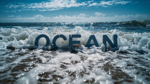 Foto een strand met het woord oceaan geschreven in het zand.