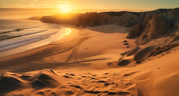 een strand met hoge zandduinen en golven bij zonsondergang