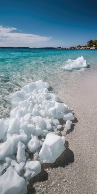 Een strand met ijsbergen en een blauwe oceaan op de achtergrond