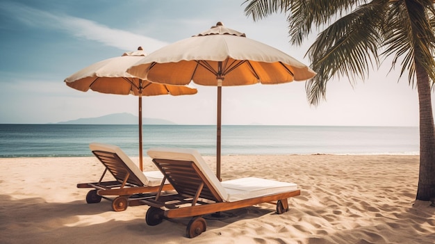 Een strand met ligstoelen en parasols erop