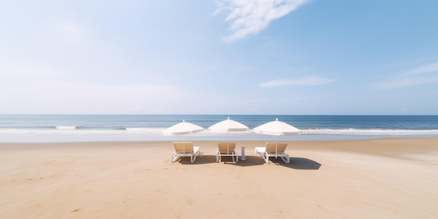 Een strand met ligstoelen en parasols erop