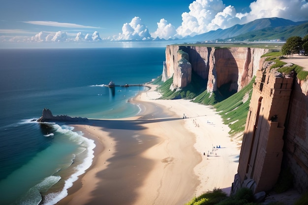 Een strand met links een klif en rechts een grote klif.