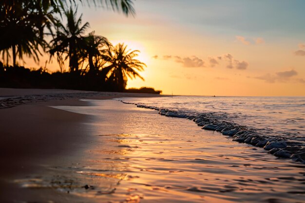 Een strand met palmbomen bij zonsondergang