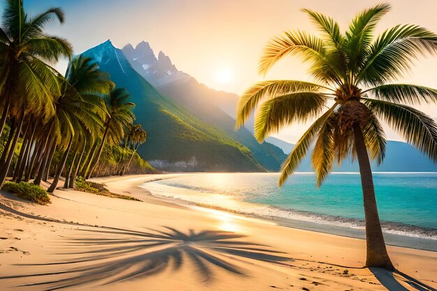 Een strand met palmbomen en bergen op de achtergrond