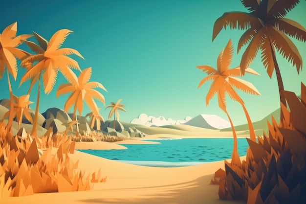 Een strand met palmbomen en bergen op de achtergrond