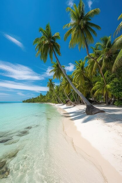 Een strand met palmbomen en blauw water