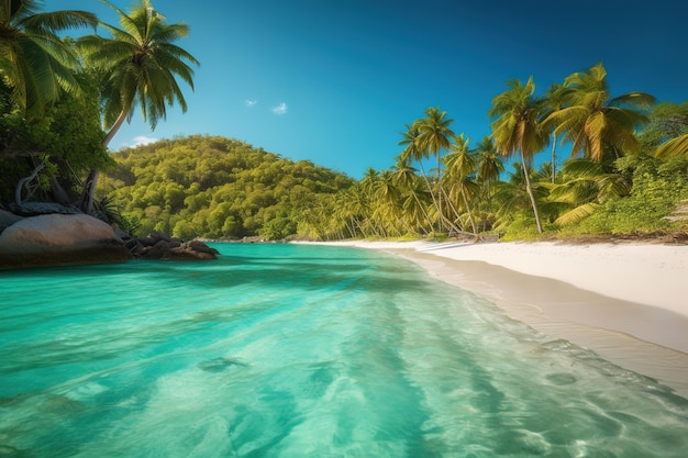 Een strand met palmbomen en de oceaan op de achtergrond