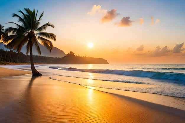 Een strand met palmbomen en de ondergaande zon