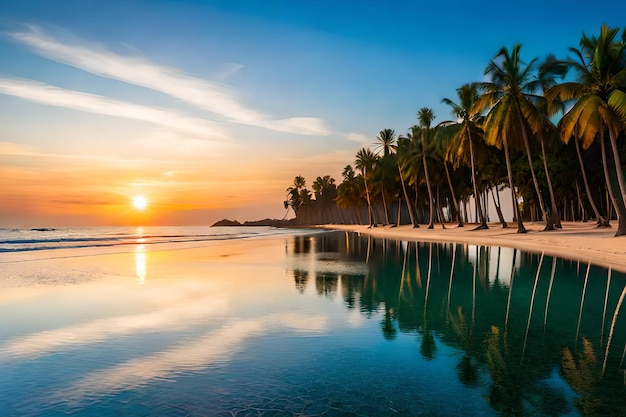 Een strand met palmbomen en de ondergaande zon