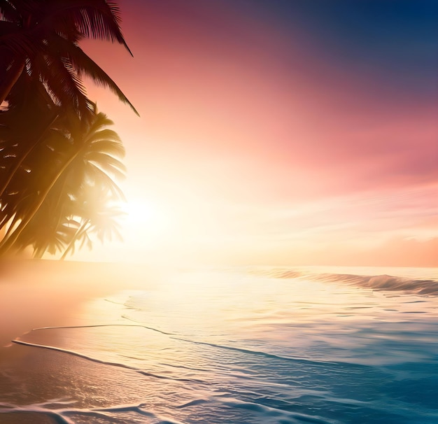 Een strand met palmbomen en de ondergaande zon