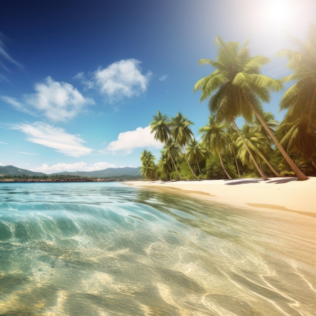 Een strand met palmbomen en de zon erop