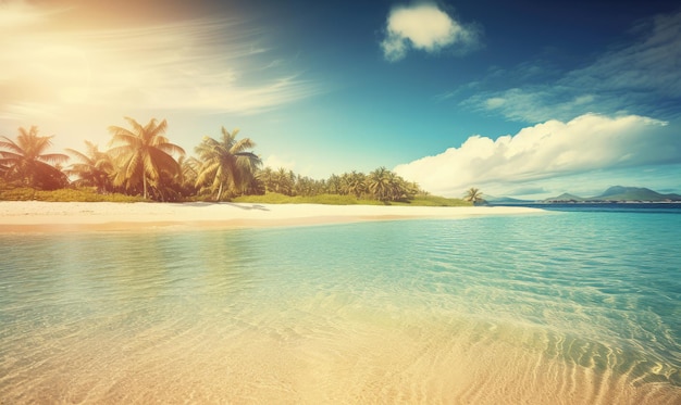 Een strand met palmbomen en de zon schijnt aan de horizon generatieve AI