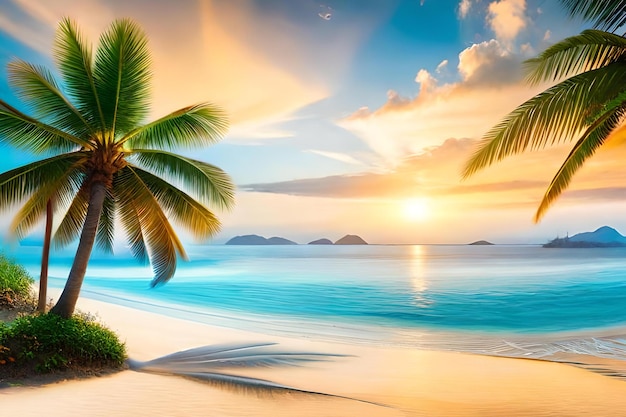 Een strand met palmbomen en de zon