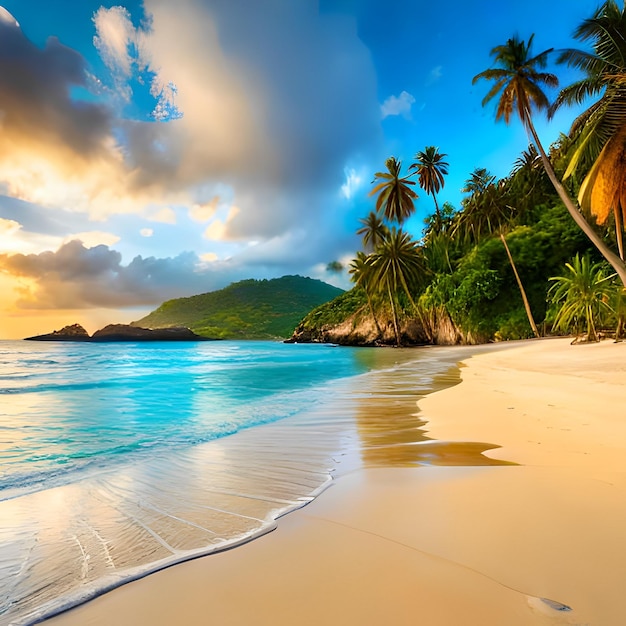 Een strand met palmbomen en een bewolkte lucht