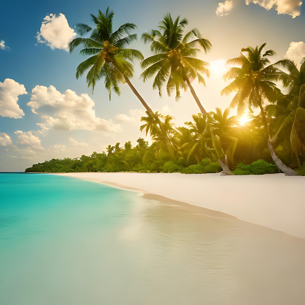 Foto een strand met palmbomen en een blauw water en een wit zandstrand