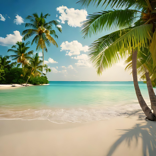 een strand met palmbomen en een blauwe hemel met wolken op de achtergrond