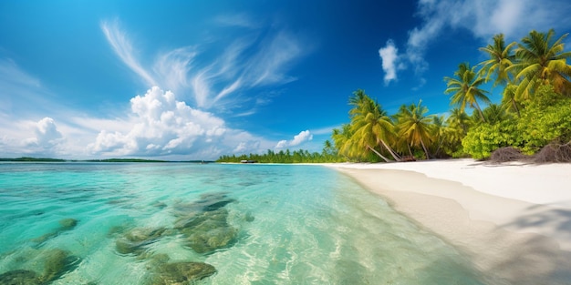 Een strand met palmbomen en een blauwe lucht