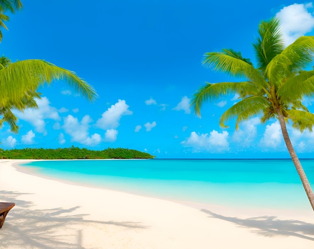 Een strand met palmbomen en een blauwe lucht