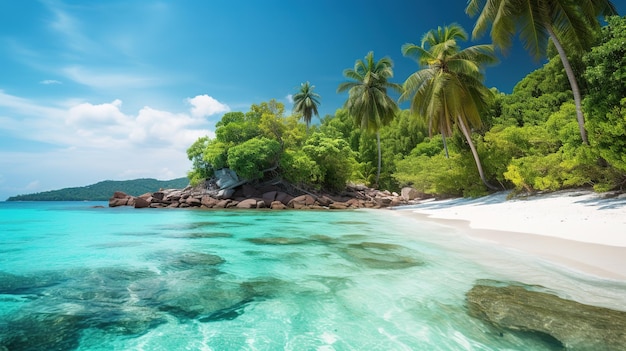 Een strand met palmbomen en een blauwe lucht