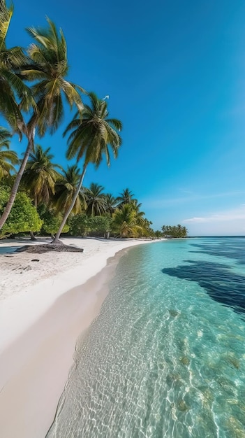 Een strand met palmbomen en een blauwe lucht
