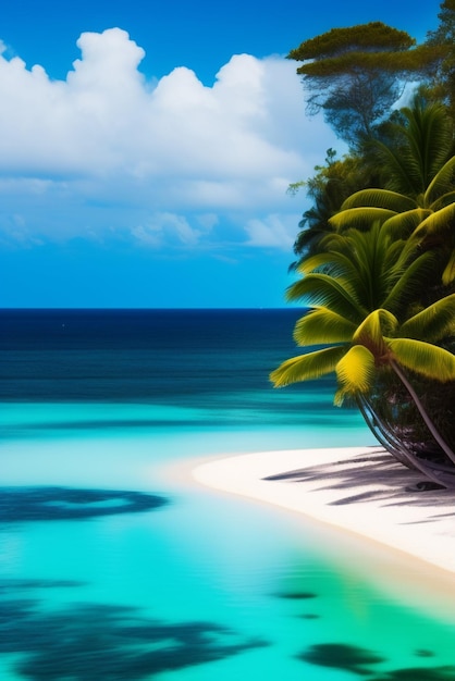 Een strand met palmbomen en een blauwe oceaan op de achtergrond