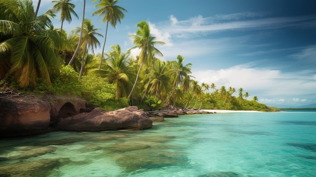 Een strand met palmbomen en een blauwe oceaan