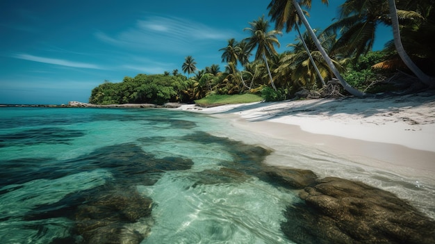 Een strand met palmbomen en een blauwe oceaan