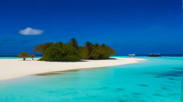 een strand met palmbomen en een boot in het water