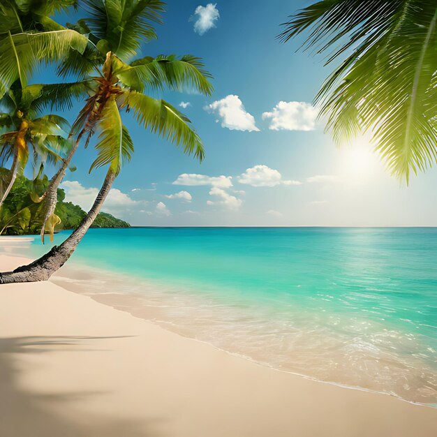 een strand met palmbomen en een strand met een zon die door de wolken schijnt