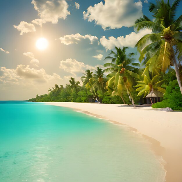 Een strand met palmbomen en een strand met een zon die door de wolken schijnt