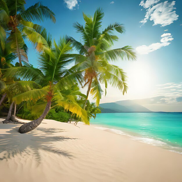 een strand met palmbomen en een strand op de achtergrond