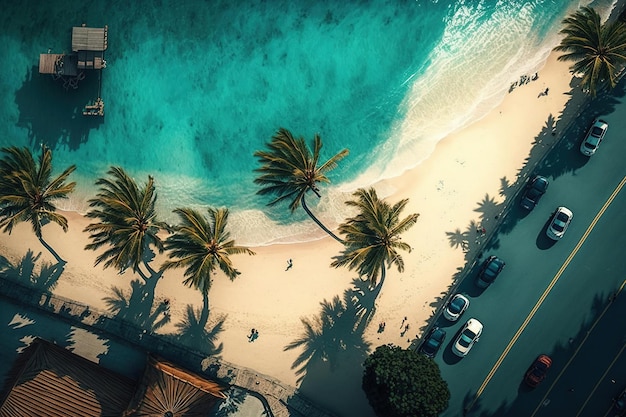 Een strand met palmbomen en een weg waar 'palmbomen' op staat