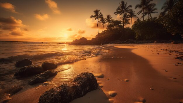 Een strand met palmbomen en een zonsondergang op de achtergrond