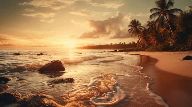 Een strand met palmbomen en een zonsondergang op de achtergrond